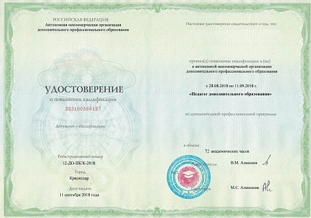 Повышение квалификации 72 ак.ч. "Педагог дополнительного образования / Воспитатель дополнительного образования