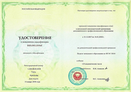 Повышение квалификации 120 ак.ч. "Педагог (учитель, методист, психолог) начального образования по ФГОС НОО"